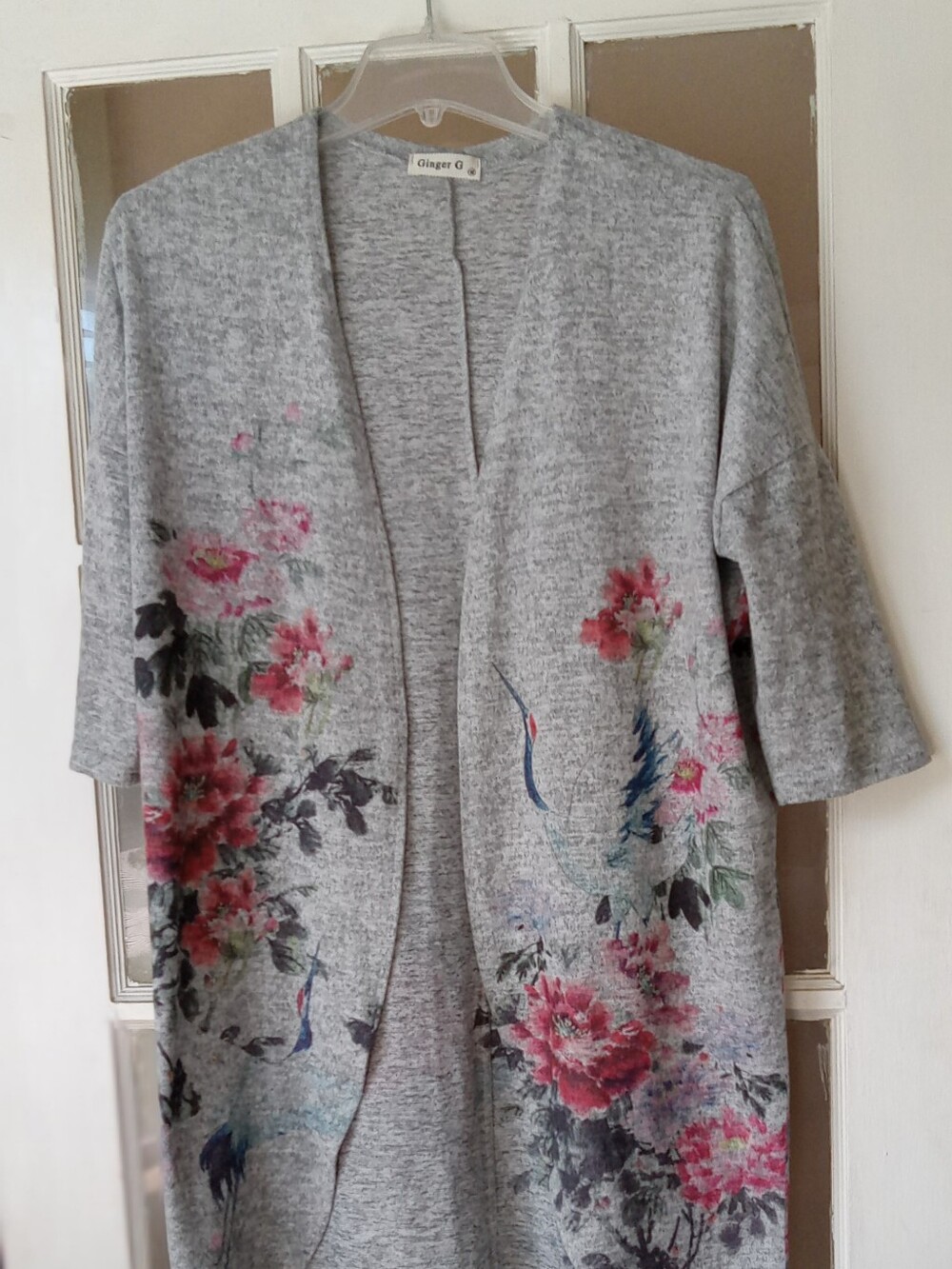 Ginger G Gray Floral Open Cardigan with Pink & Red Blooms